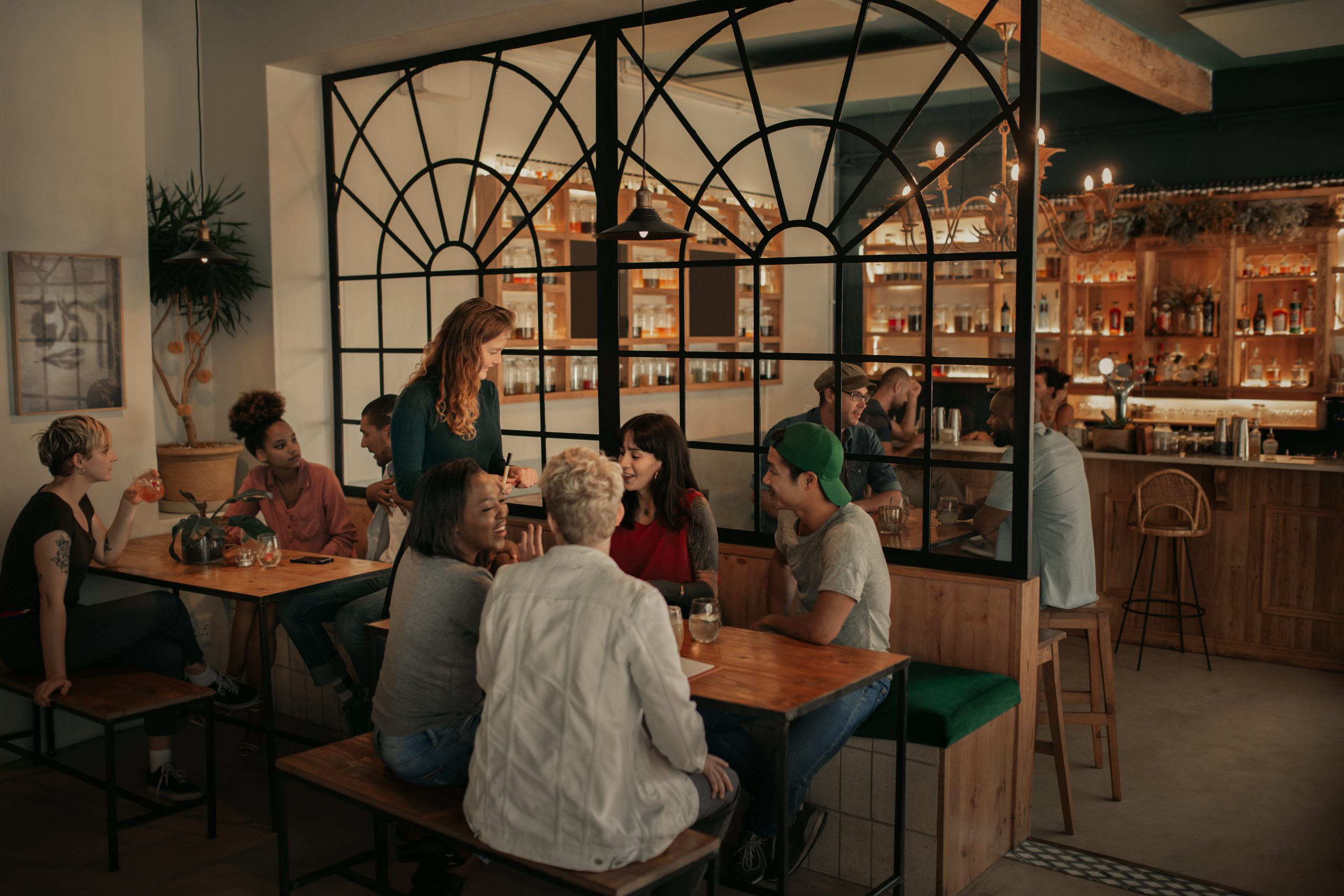 People in restaurant smiling